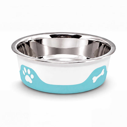 ThermaCool Dog Bowl in white and turquoise, with a reflective stainless steel interior and paw and bone motifs